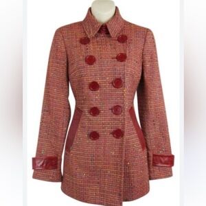 Vintage Bebe Red Tweed Double-Breasted Pea Coat Blazer with Leather Trim